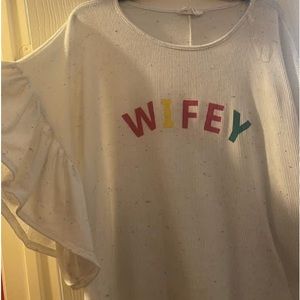 Fantastic fawn confetti ruffle sleeve wifey top